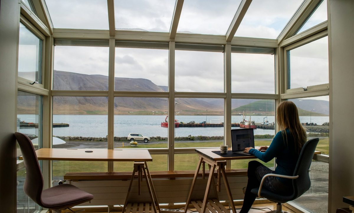 Remote worker using laptop in a bright workspace with a view